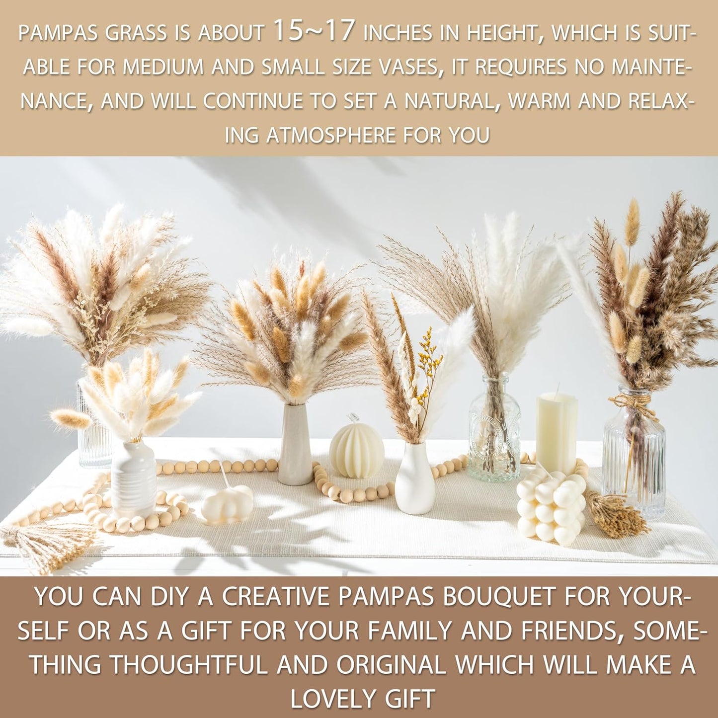 70PCS Natural Dried Pampas Grass Boho Home Decor Bouquet Phragmites Dried Flowers Bouquet for Wedding Floral Arrangements Home Decorations (70PCS)