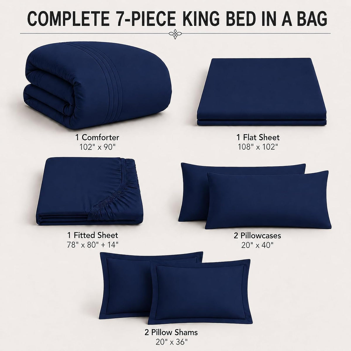 King Size Comforter Set Navy Blue, 7 Pieces Bed in a Bag Bedding