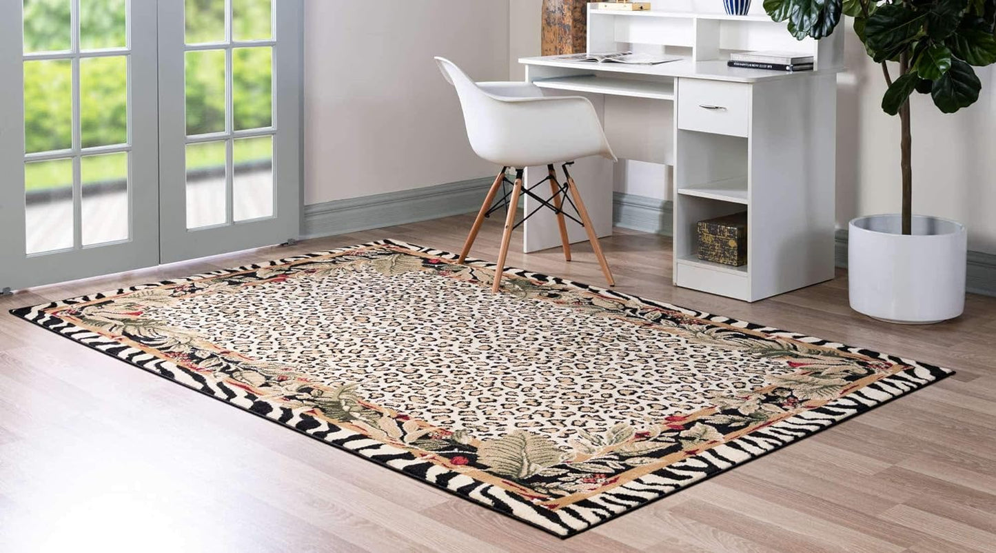 Wildlife Collection Animal Inspired with Cheetah Bordered Design Area Rug, 5 Ft X 8 Ft, Ivory/Black