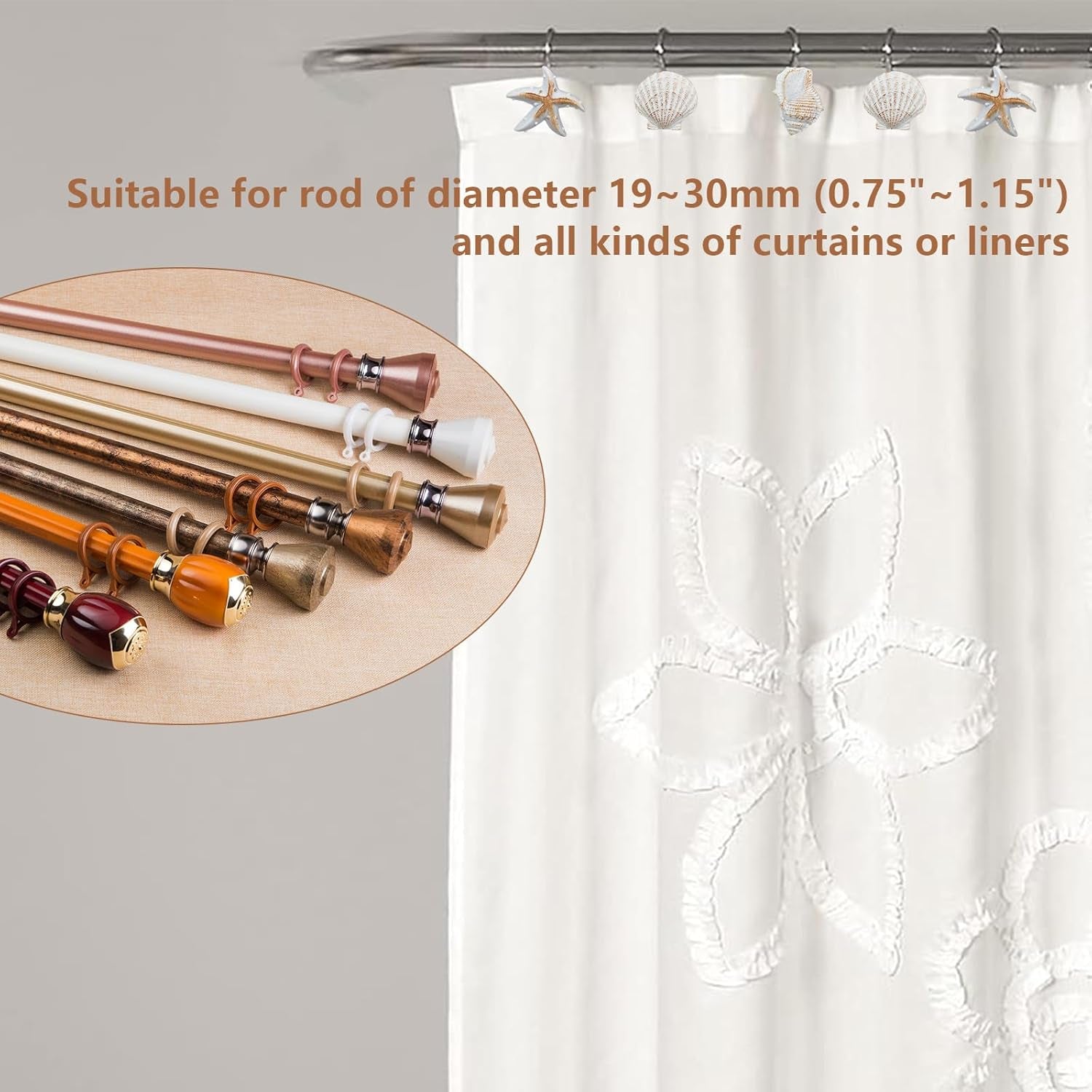 12-Pack Coastal Shower Curtain Hooks – Decorative Seashell, Starfish & Conch Design, Rust-Proof Stainless Steel