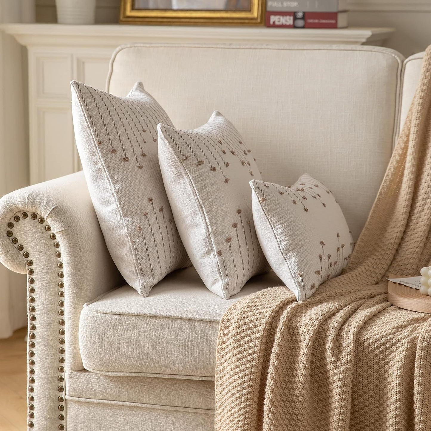 Boho Throw Pillow Covers 12X20 Set of 2 Decorative Pillows. Beige with Tan Line