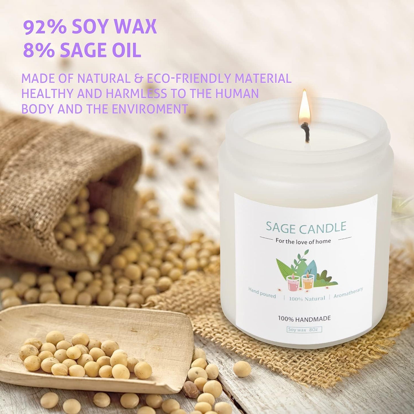 Sage Candle for Cleansing House, 8Oz 45 Hrs Soy Wax Sage Scented Candles for Home