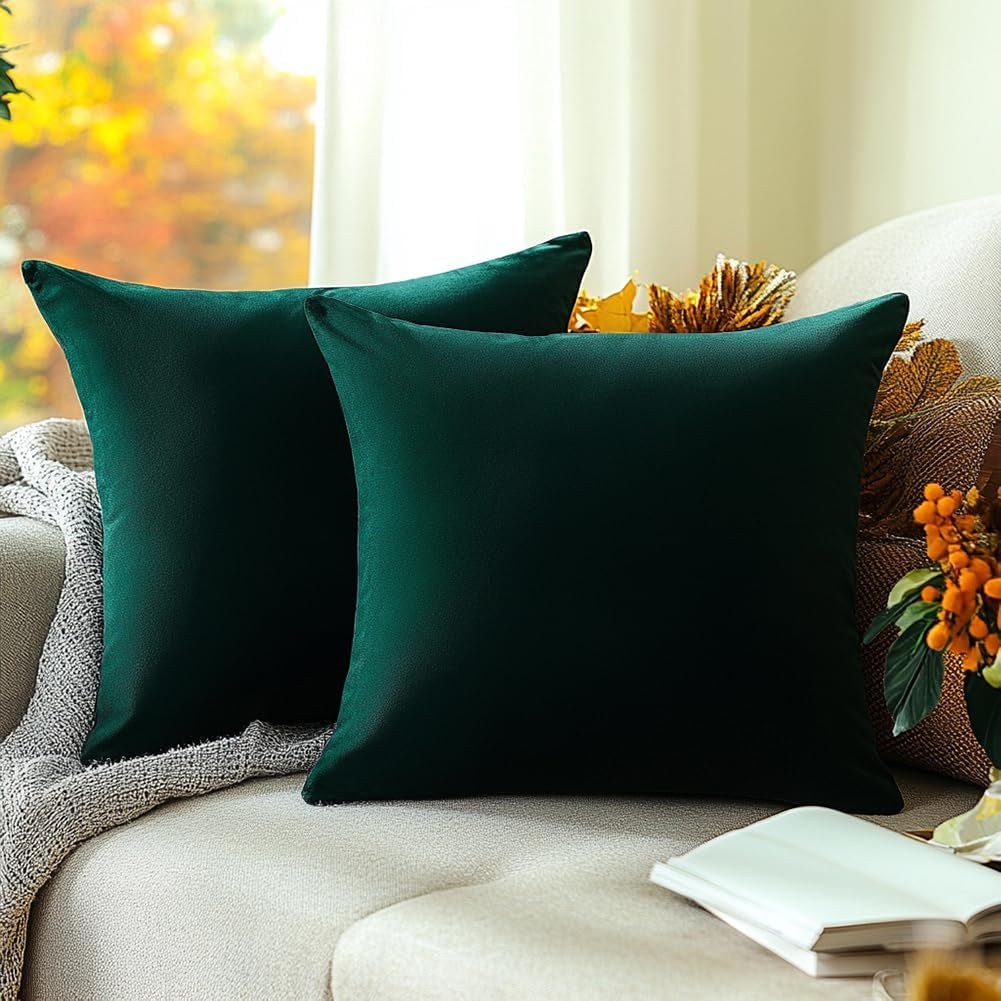 Green Velvet Throw Pillow Covers 16X16 Emerald Forest Hunter Dark Green Set of 2