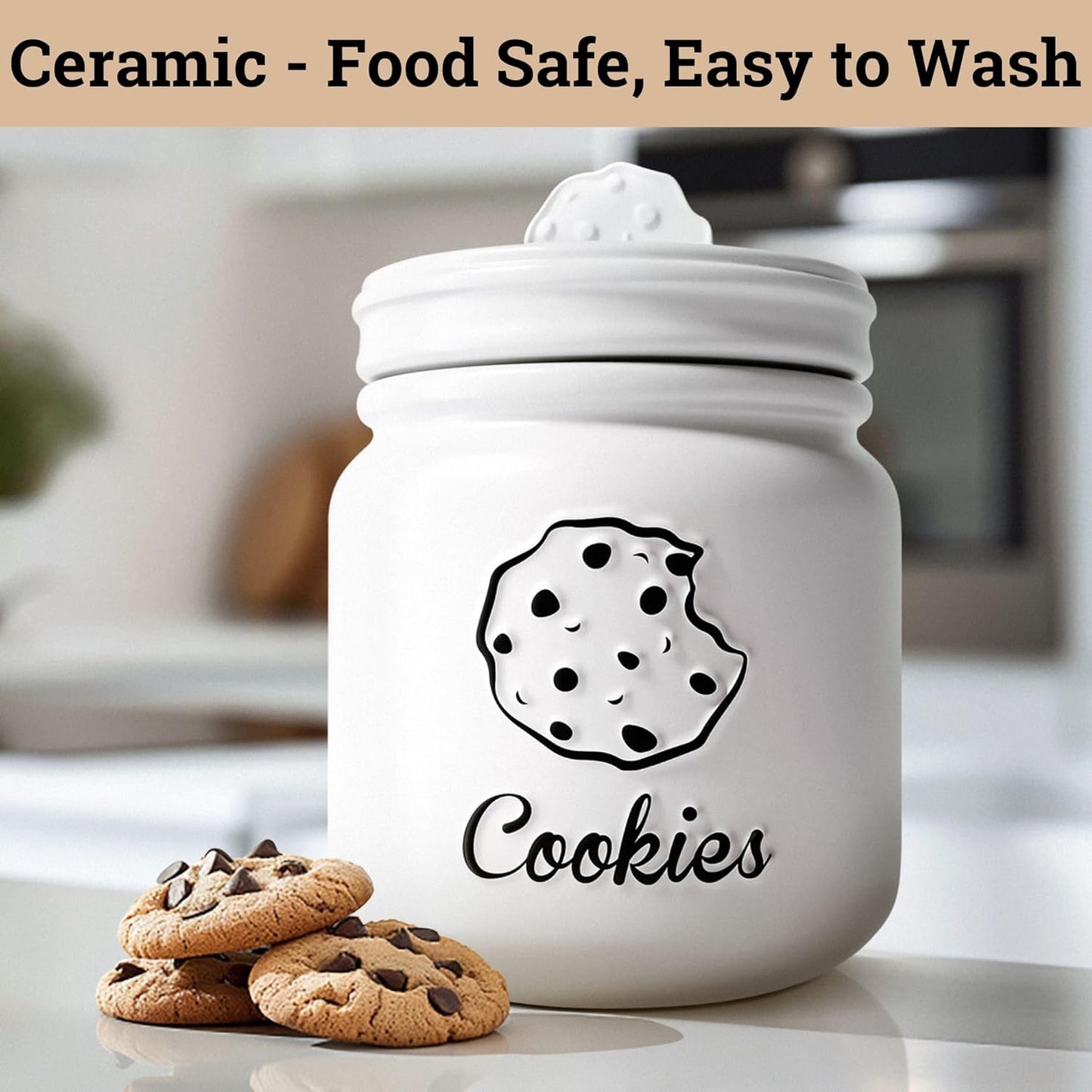 Cookie Jar with Airtight Lid - 6" X 8" H Matte White Ceramic Cookie Jar with Rubber Lined Lid - Large Cookie Jars