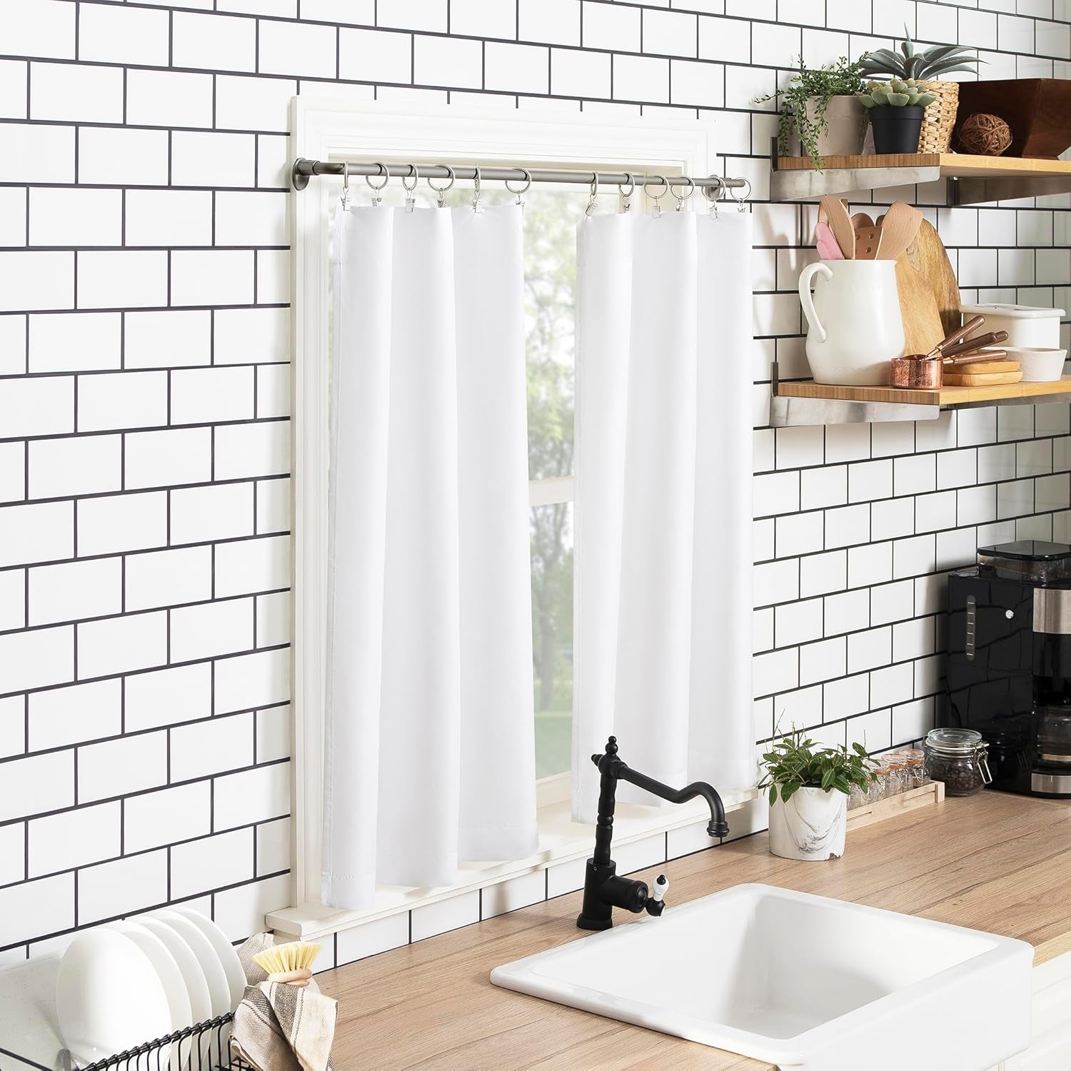 Martine Microfiber Semi-Sheer Rod Pocket Kitchen Curtain Valance and Tiers Set, 54" X 36", White