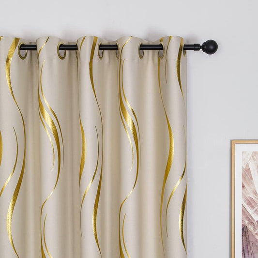 2 Panels Set Foil Print Striped Curtains for Living Room Bedroom (Beige and Gold, 2 X 54Wx84L)