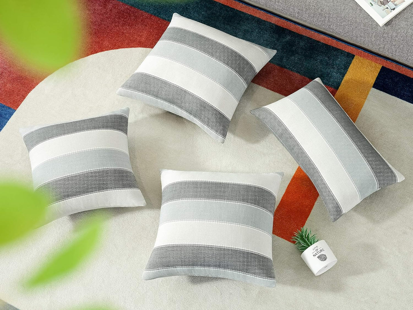 Pack of 2 Farmhouse Stripe Check Throw Pillow Covers Set 20X20Inch Dark Grey Beige