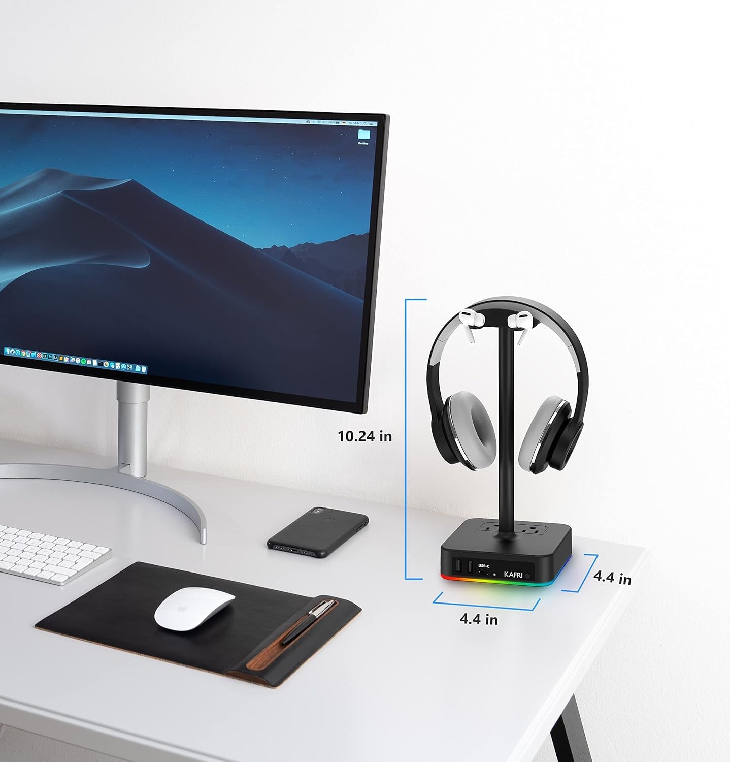 RGB Headphone Stand with USB A&C Charger Desk Gaming Headset Holder Hanger Rack with 3 USB Charging Port and 2 Outlet