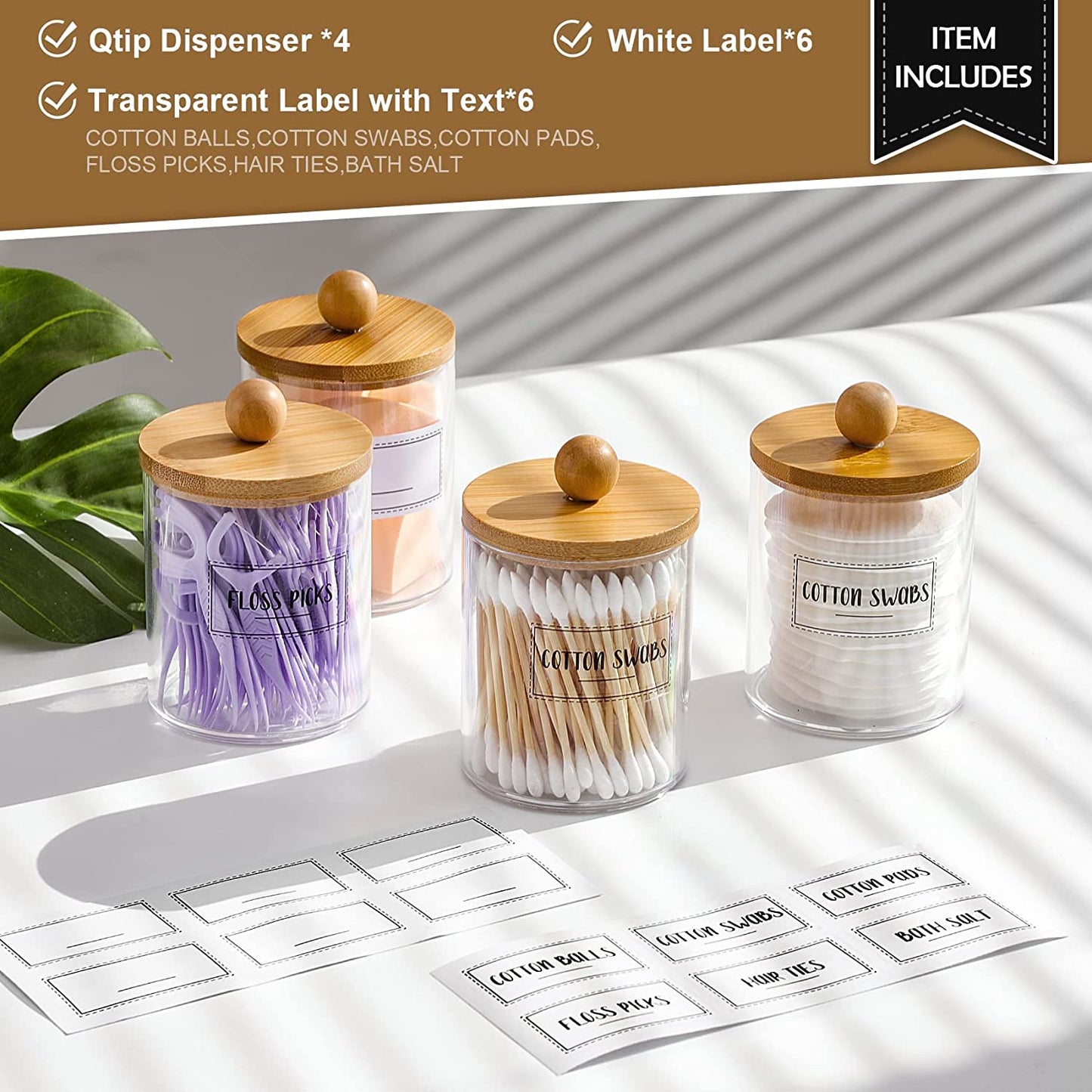 4 Pack Qtip Holder Dispenser with Bamboo Lids - 10 Oz Clear Plastic Apothecary Jar
