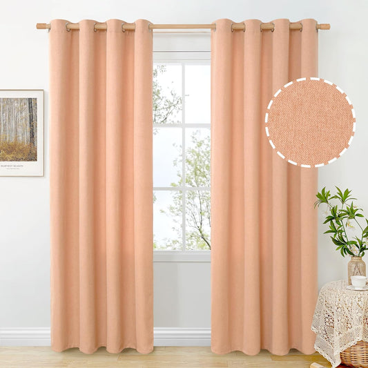 Peach Linen Curtains 84 Inch Length for Living Room Window, Farmhouse Spring Decor Thick Textured, 2 Panels, Each 52 Inch Wide