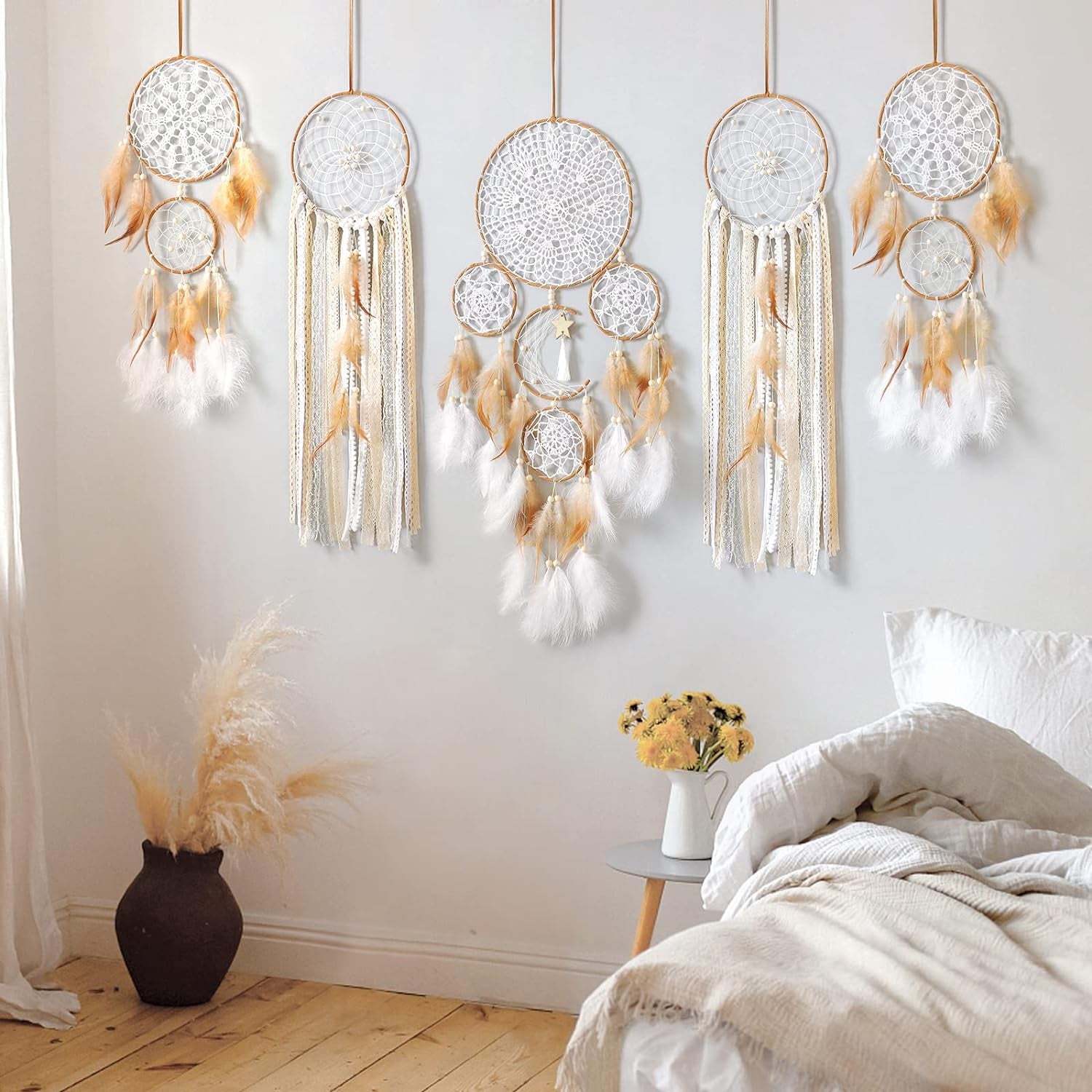5 Pack Dream Catcher Moon and Sun Design Boho Wall Hanging Decor (Brown)