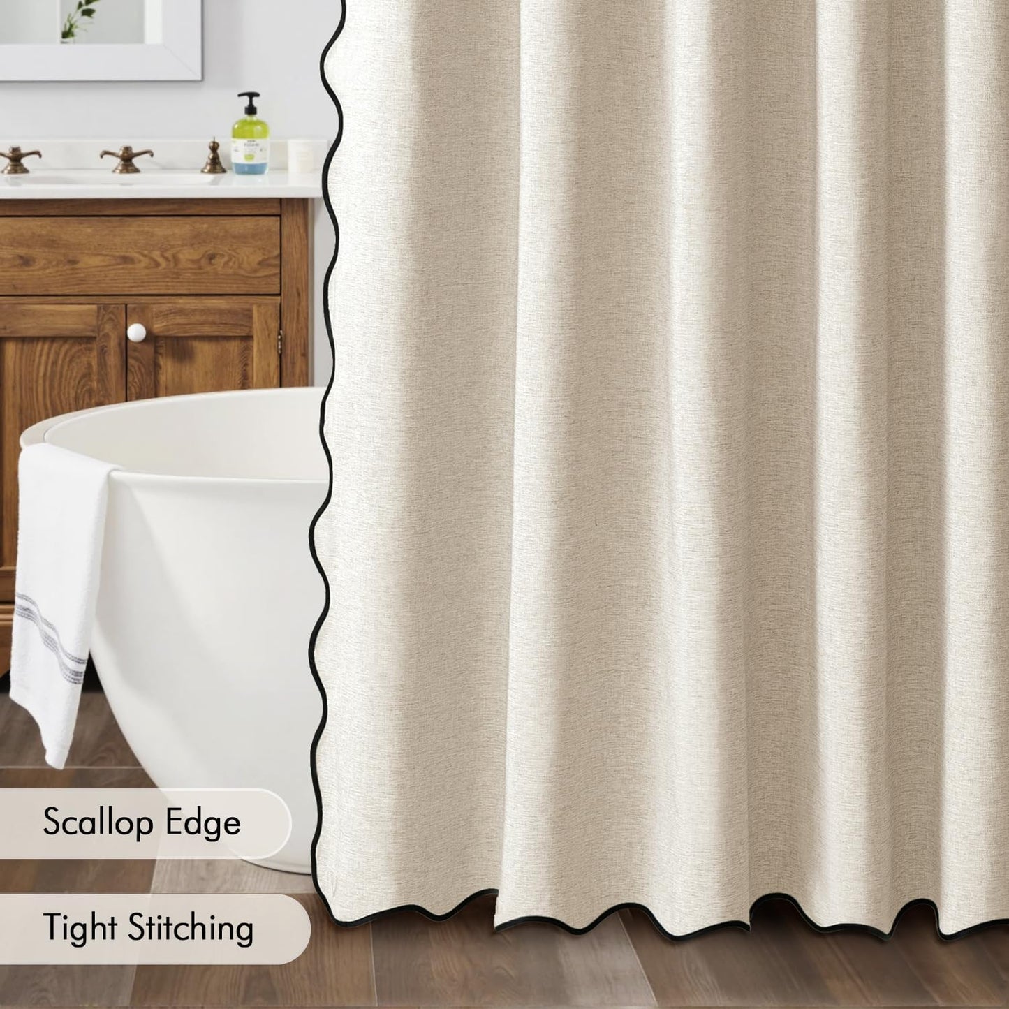 Beige Scalloped Shower Curtain Linen with 12 Metal Hooks Cute Heavy Duty Washable Waterproof, W 72*L 72 Cream