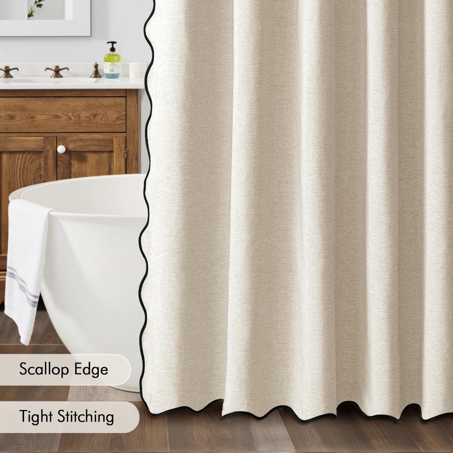 Beige Scalloped Shower Curtain Linen with 12 Metal Hooks Cute Heavy Duty Washable Waterproof, W 72*L 72 Cream