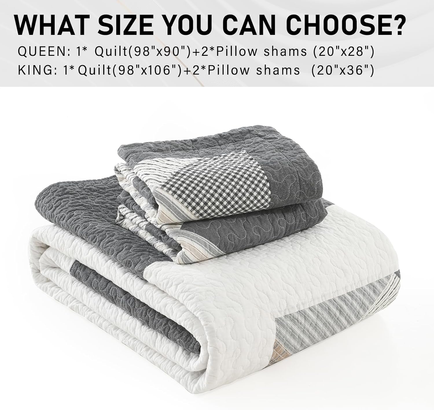Cotton King Quilt Bedspread Set for King Bed, 3 Pcs, Dark Gray/White/Brown