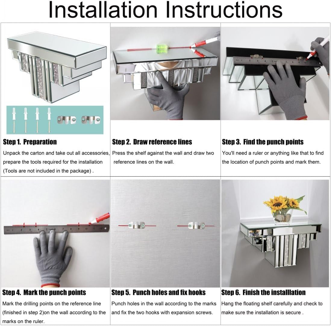 Mirrored Floating Wall Shelf, Silver Mirror Crushed Diamond Decorative Wall Shelf, 14.3" L×5.5" W×7.6" H