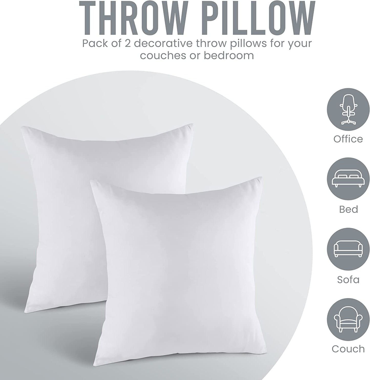 Throw Pillows Insert (Pack of 2, White) - 18 X 18 Inches Bed and Couch Pillows - Indoor Decorative Pillows