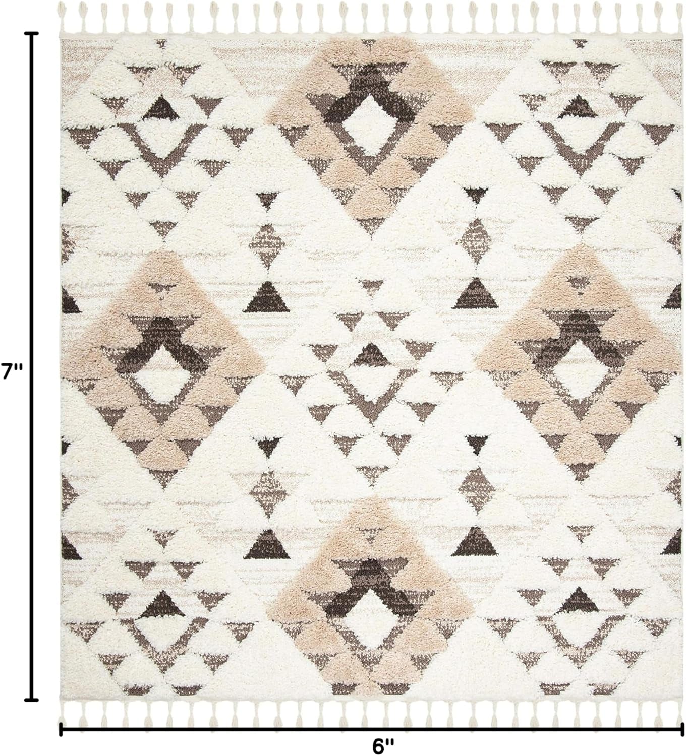 Moroccan Tassel Shag Collection Area Rug - 6'7" Square, Ivory & Brown, Boho Design, Non-Shedding & Easy Care (MTS688A)