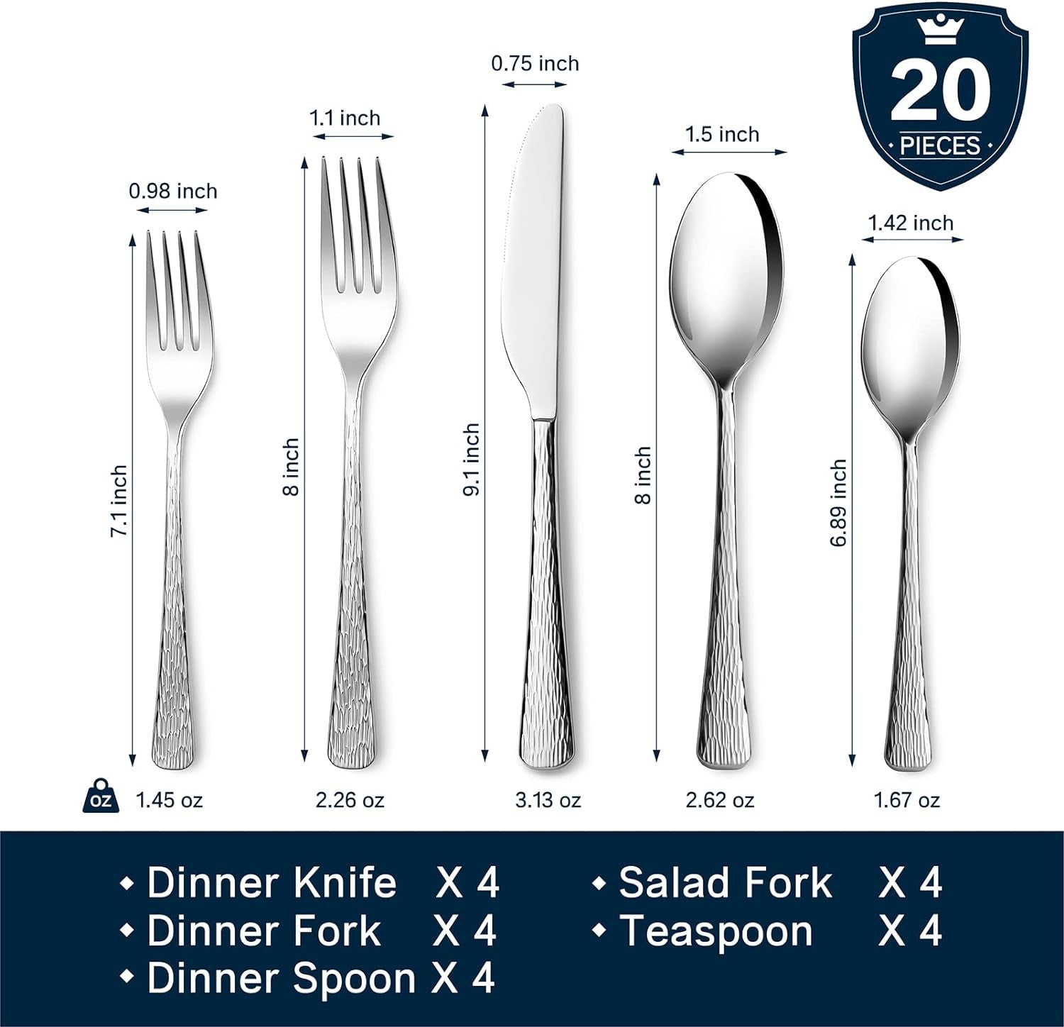 Hammered Silverware Set, 20-Piece Flatware Set for 4