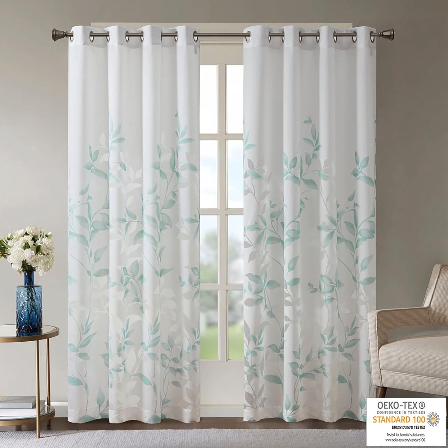 Cecily Semi Sheer SINGLE Panel Curtain, "50X84", Leaves Aqua