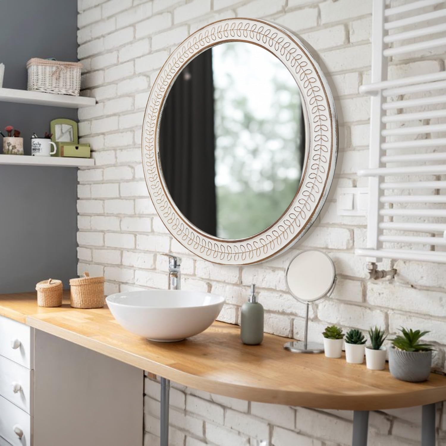 26 Inch round Mirrors for Wall, Wood Circle Mirror with Carved Frame - White