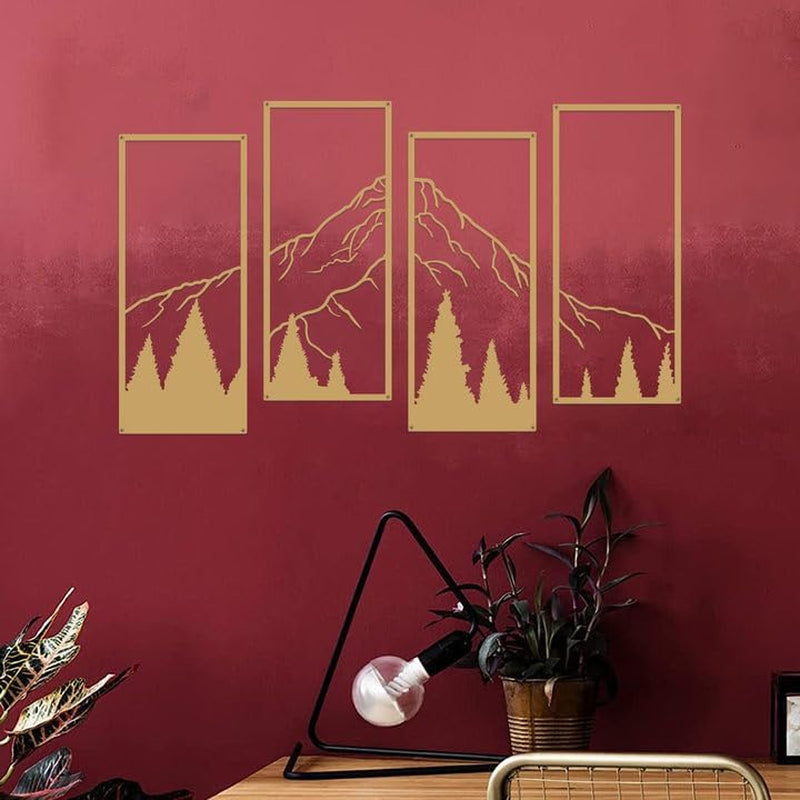 4 Pcs Metal Mountain and Forest Wall Decorations (Gold, Large)
