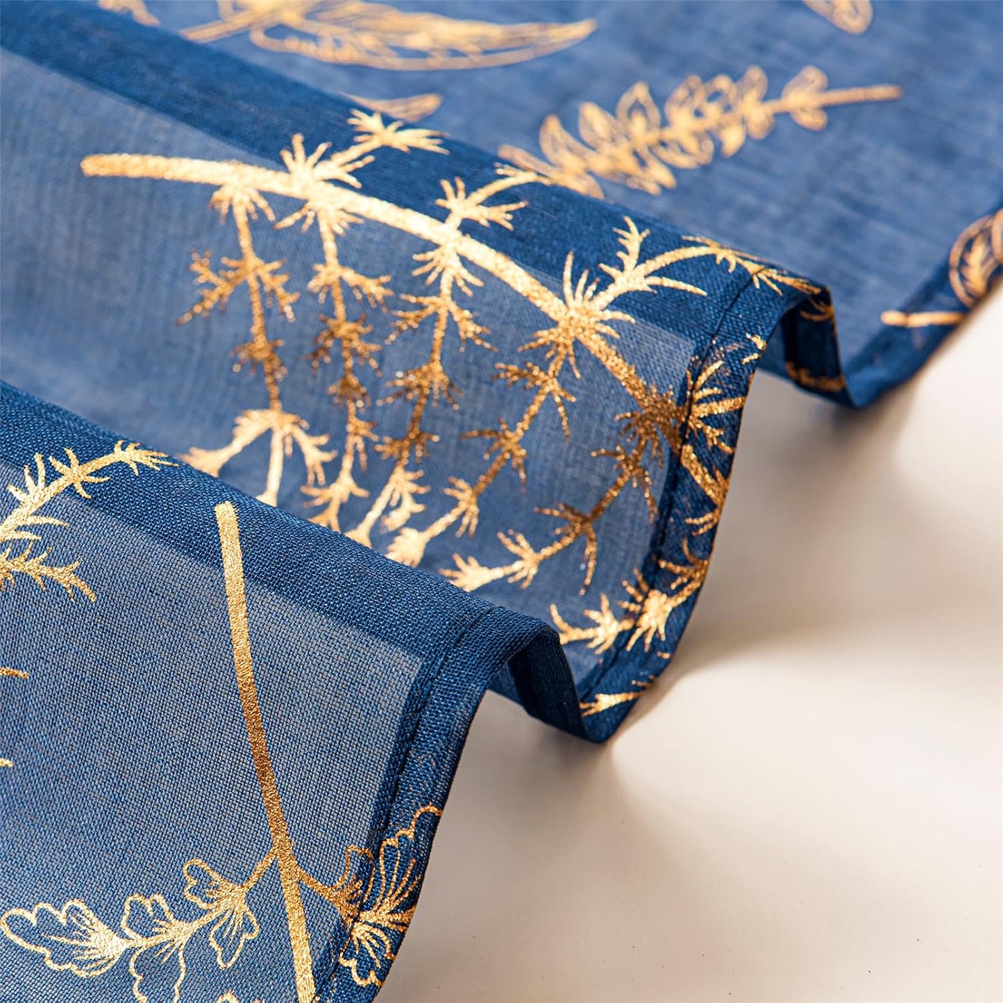 Sheer Curtains 2 Panels, Gold Foil Metallic Vine Leaves Print Window Treatments Pair, Privacy Drapes Rod Pocket 52" W X 84" L, Navy Blue