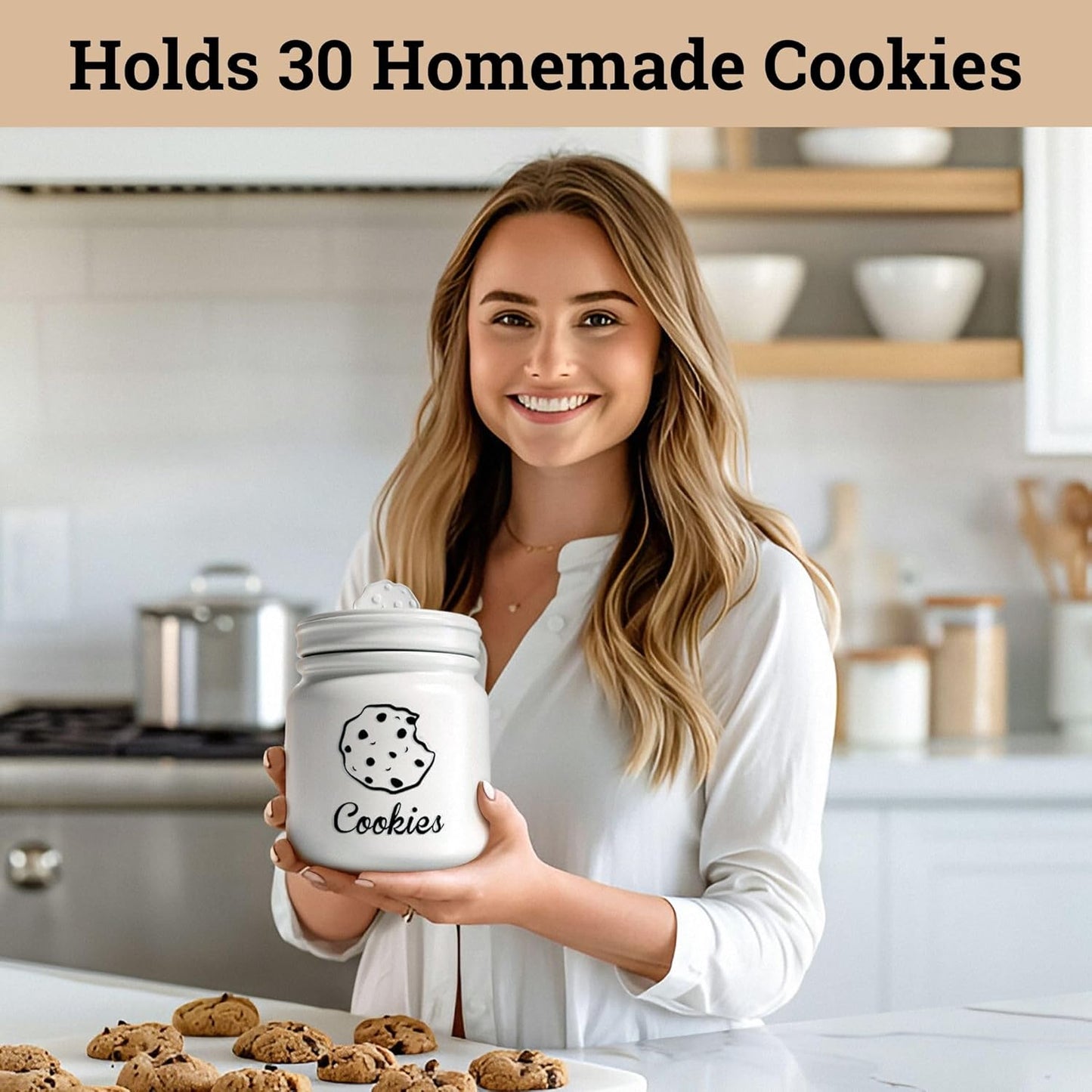 Cookie Jar with Airtight Lid - 6" X 8" H Matte White Ceramic Cookie Jar with Rubber Lined Lid - Large Cookie Jars