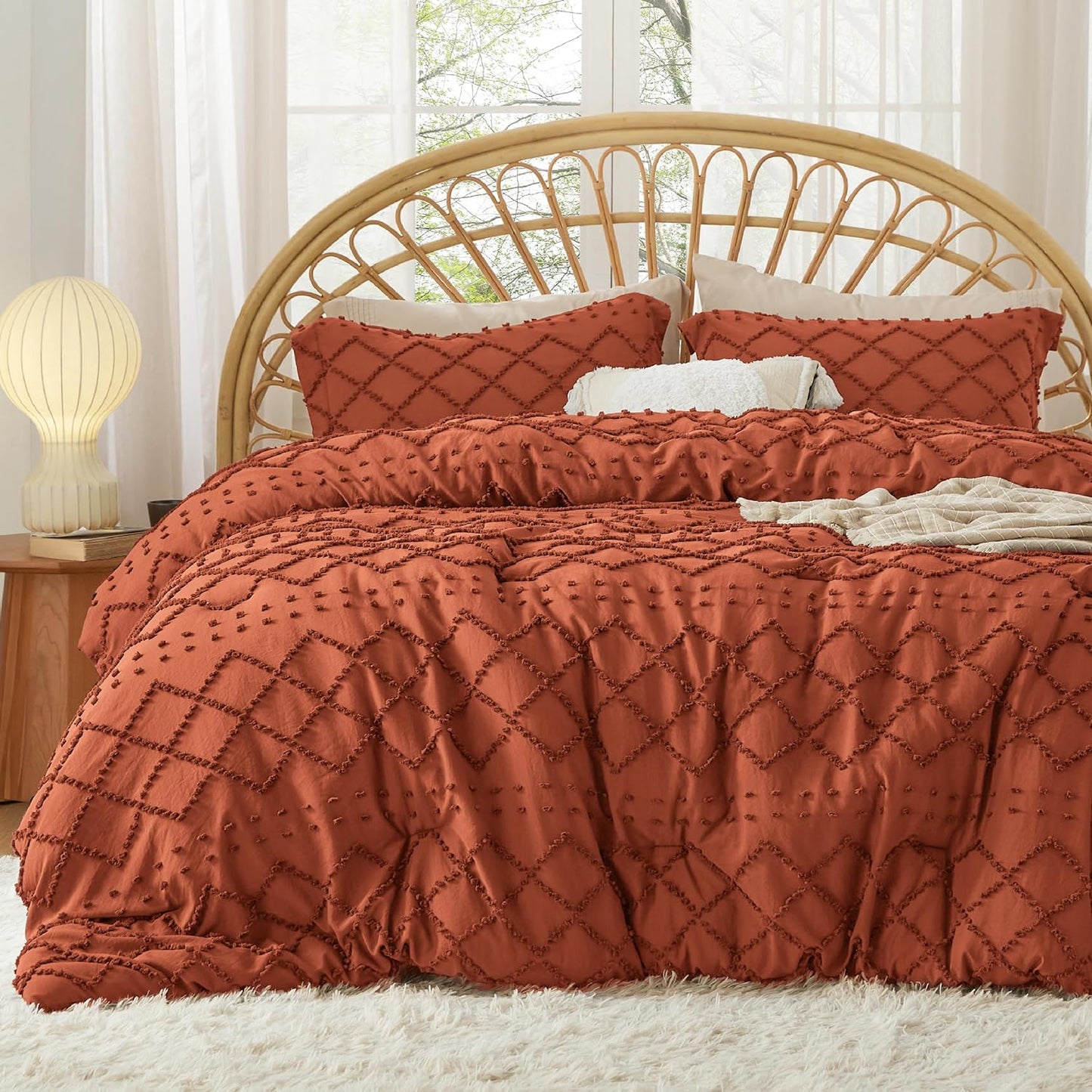 Terracotta Comforter Full Size, Boho Tufted Shabby Chic Bedding 3 Pieces