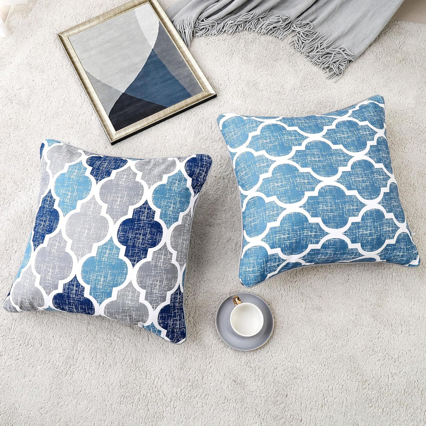 Throw Pillowcover Soft Chenille Print Moroccan Geometric 2-Sided Pattern Blue and Gray 20X20 Inch, Set of 2