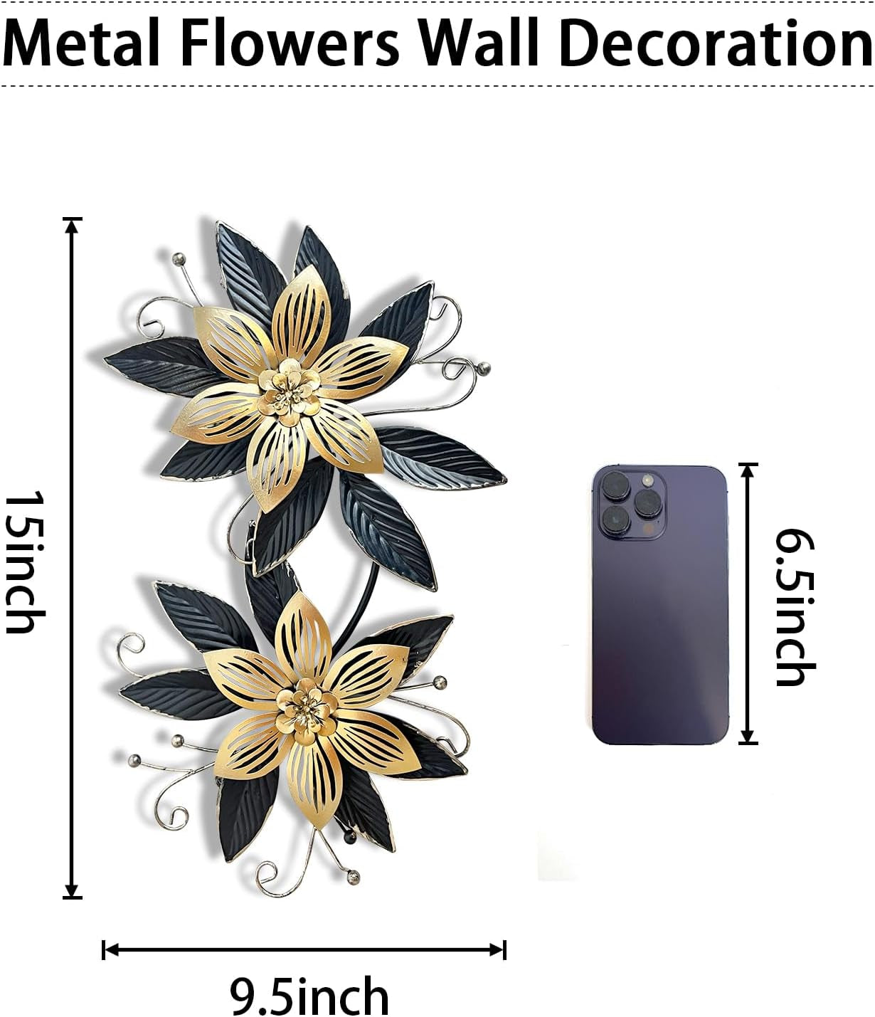 Black Gold Metal Flowers Wall Decor,15" 3D Multi-Layer Modern Floral Art, Rustic Distressed Hanging Decor for Indoor, Bedroom Living Room Garden Patio, Home Decoration Accent