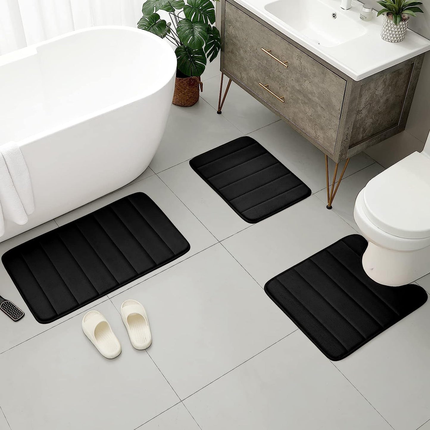 Black Memory Foam Bathroom Rug Set 3 Piece