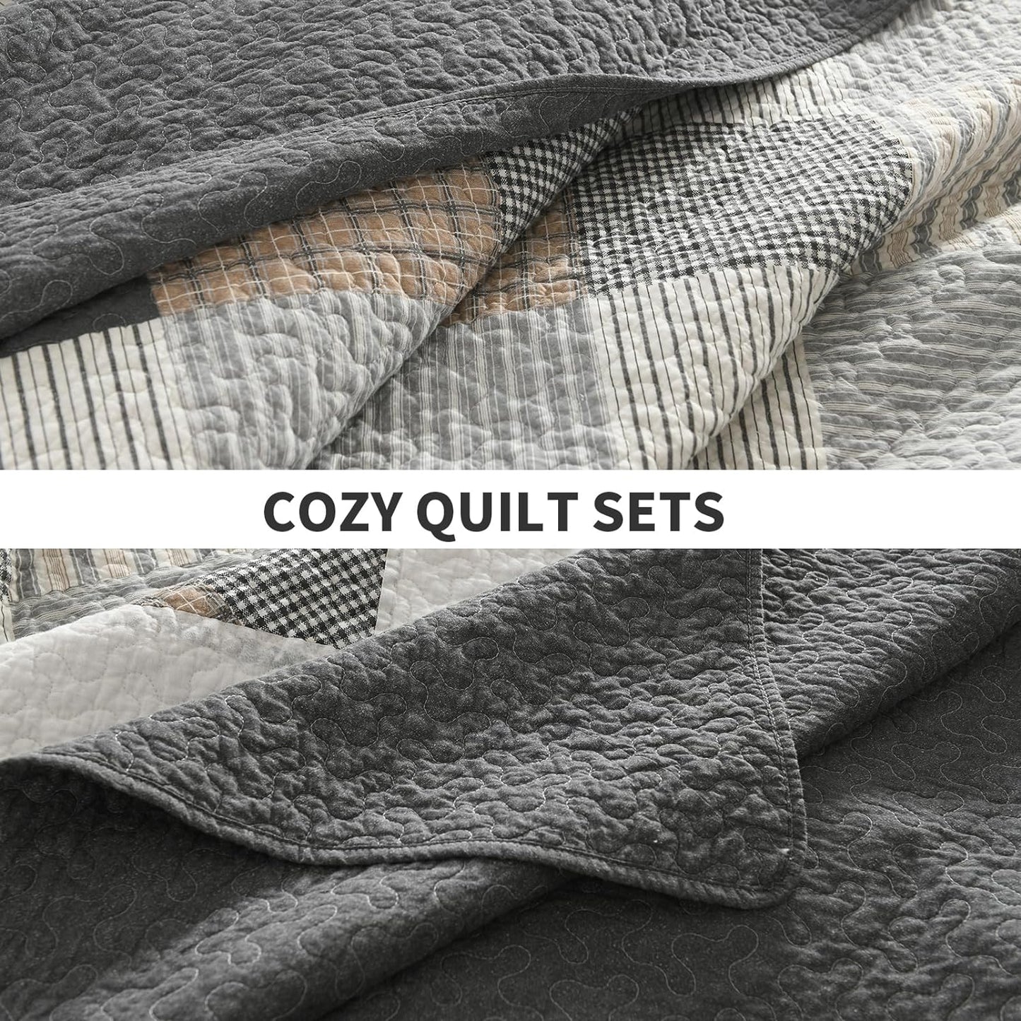 Cotton King Quilt Bedspread Set for King Bed, 3 Pcs, Dark Gray/White/Brown