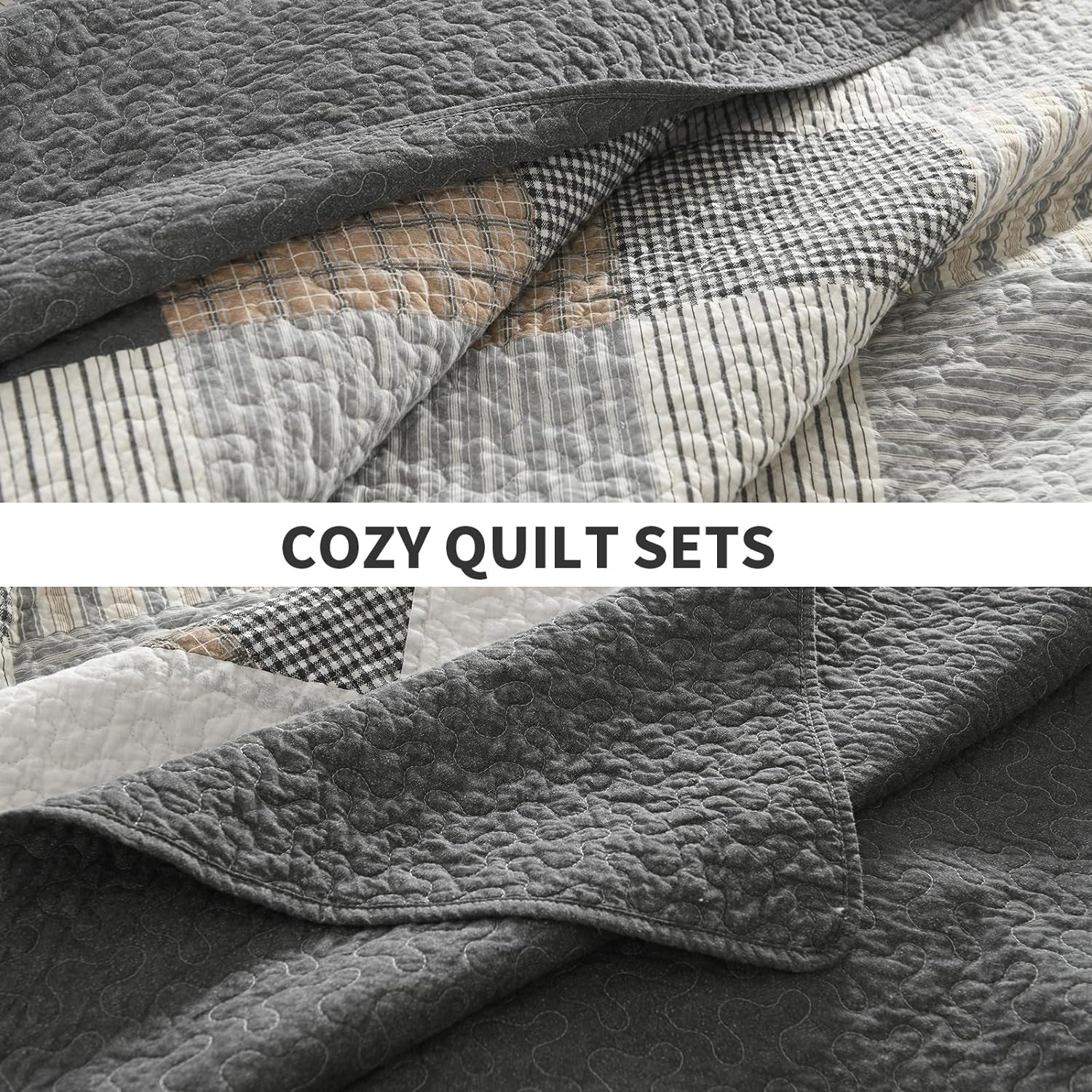 Cotton King Quilt Bedspread Set for King Bed, 3 Pcs, Dark Gray/White/Brown