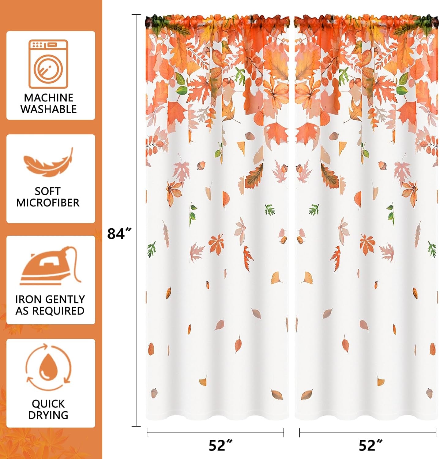 Fall Sheer Curtains, Maple Leaves Semi Window Curtains for Living Room, Light Filter Curtains 2 Panels Set, 52×84 Inch
