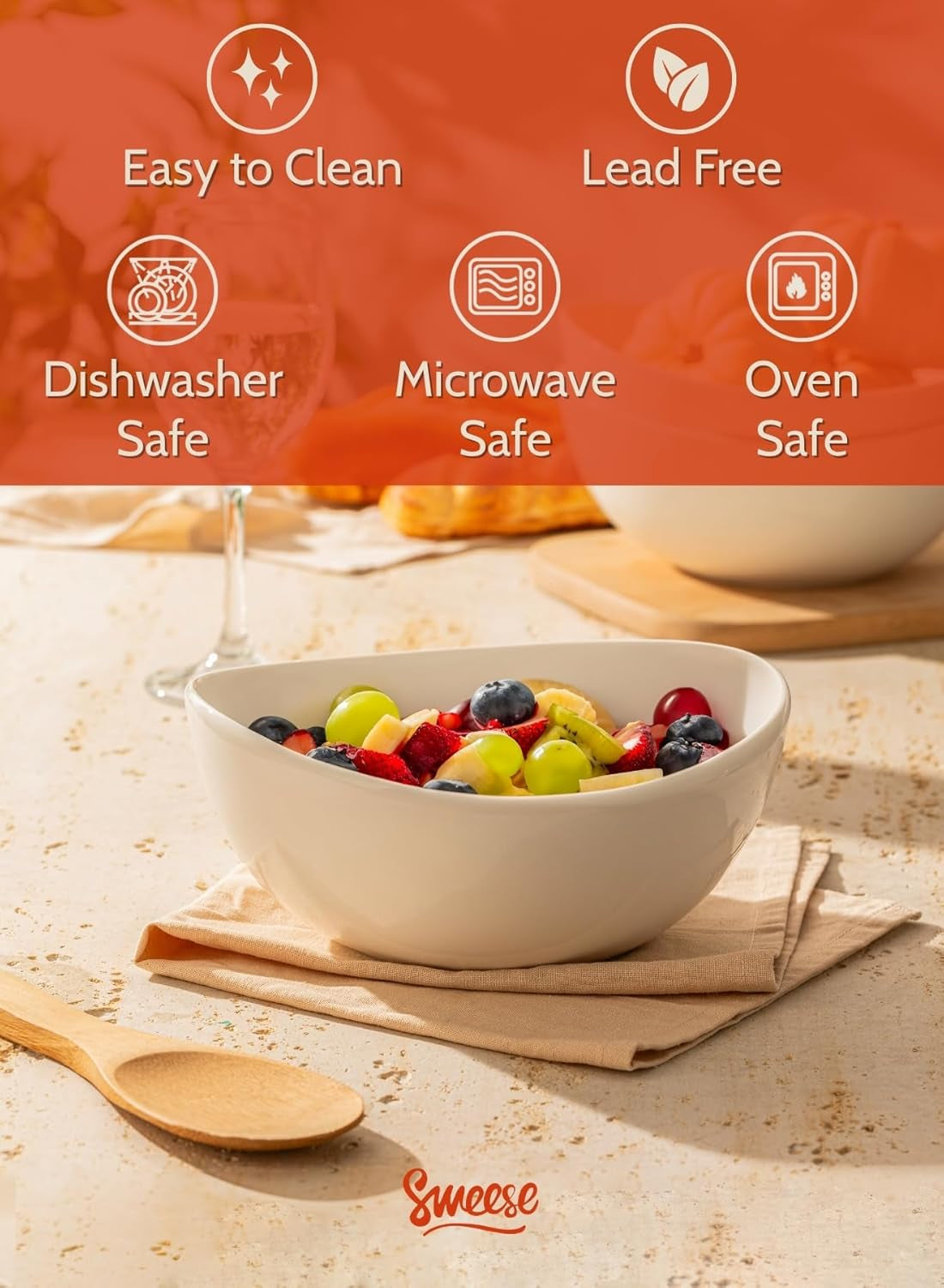 42Oz Porcelain Serving Bowls - Set of 4, 8-Inch White Bowls