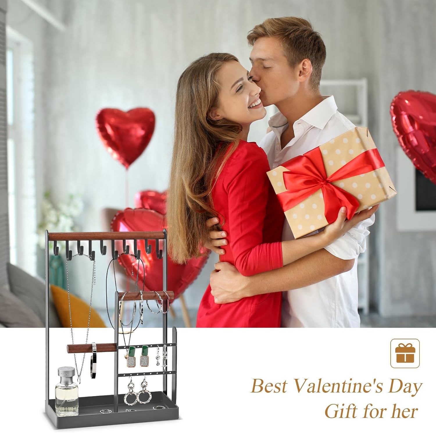 Jewelry Stand Holder Organizer, 4-Tier Necklace Holder with Ring Tray, -Medium, Grey