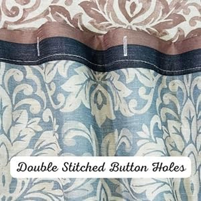 Farmhouse Floral Bordered Damask Shower Curtain - Light Blue, Beige, and Grey (72 X 70 Inches)