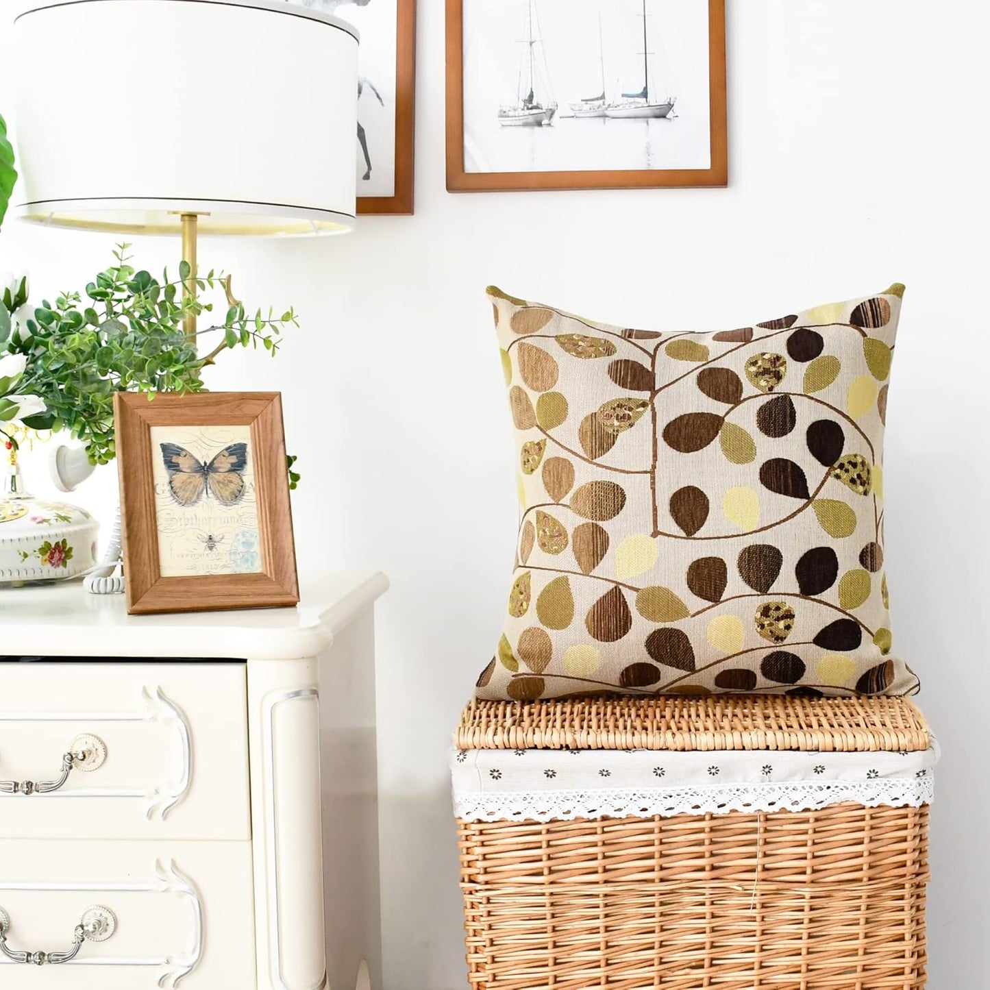 Throw Pillow Covers Luxury Chenille Cute Leaves 20 X 20 Inches Ecru Brown