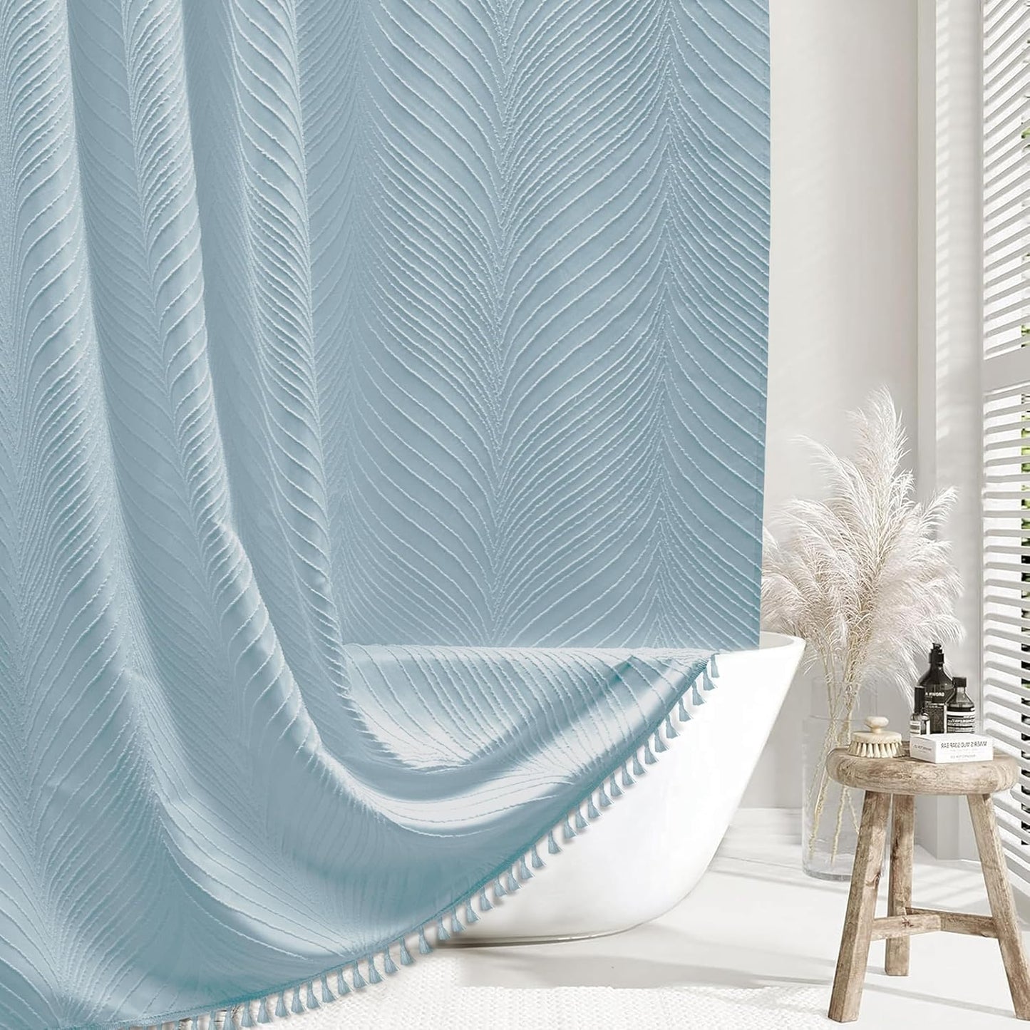 Fog Blue Boho Woven Fabric Cute Shower Curtain, 72 X 72 Tufted Leaves Textured Striped Modern Farmhouse
