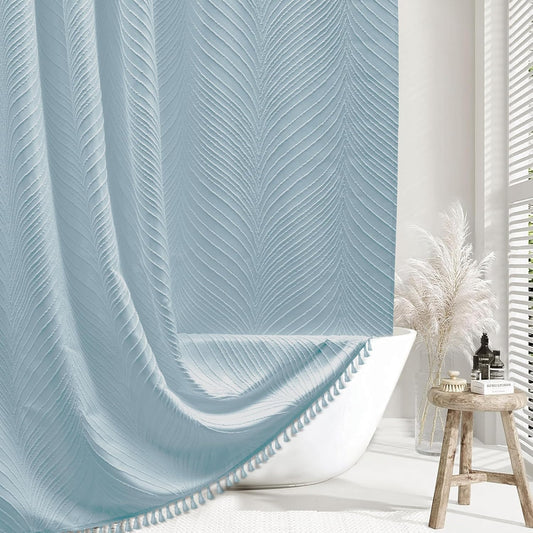 Fog Blue Boho Woven Fabric Cute Shower Curtain, 72 X 72 Tufted Leaves Textured Striped Modern Farmhouse