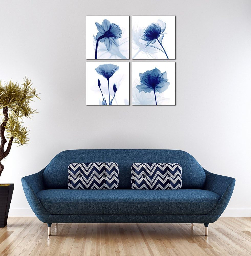 Large Blue Flickering Flower Modern Abstract Paintings Canvas Wall Art, 4pcs