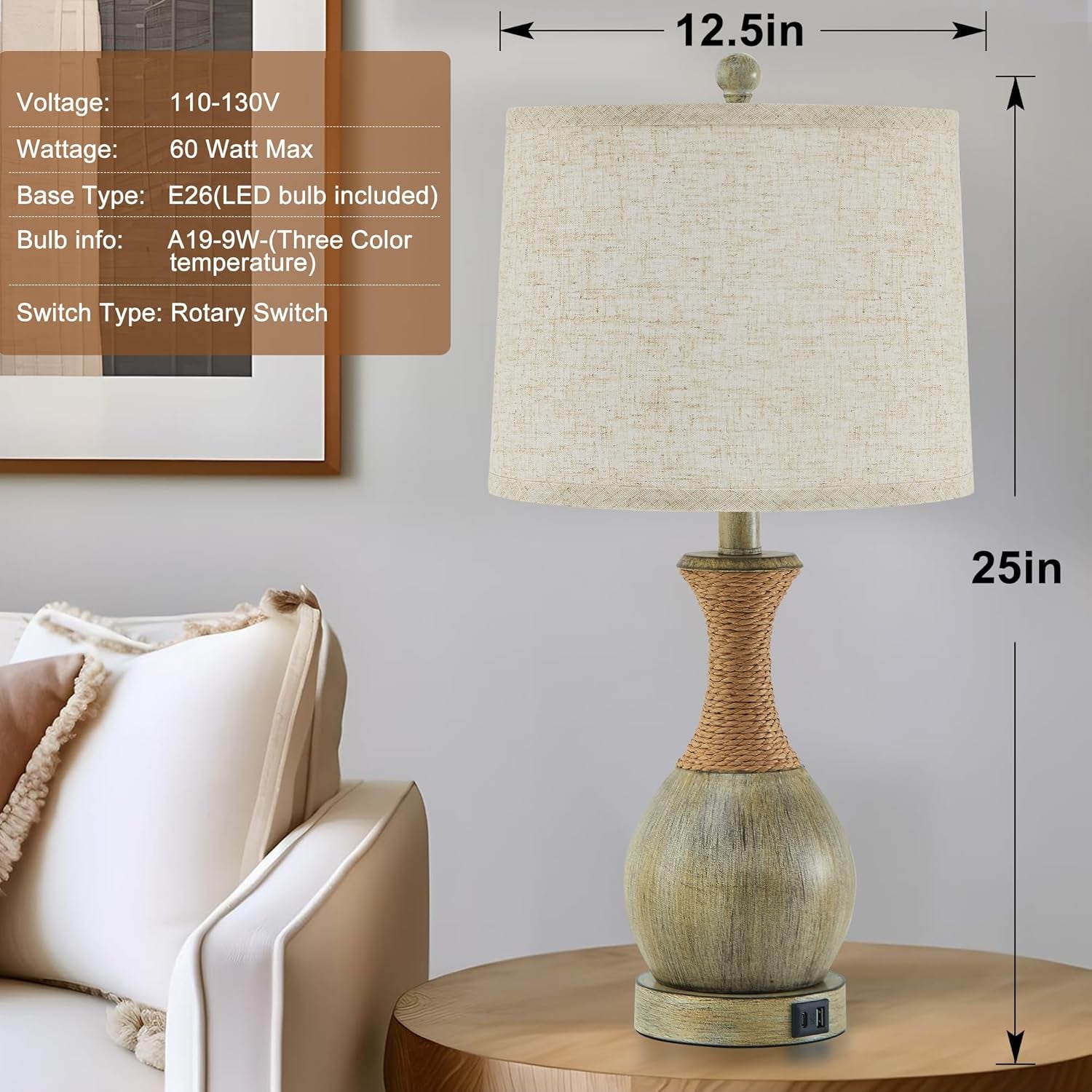 Boho Rattan Side Table Lamp Set of 2 - With 3 Way Dimmable - Bulbs Included