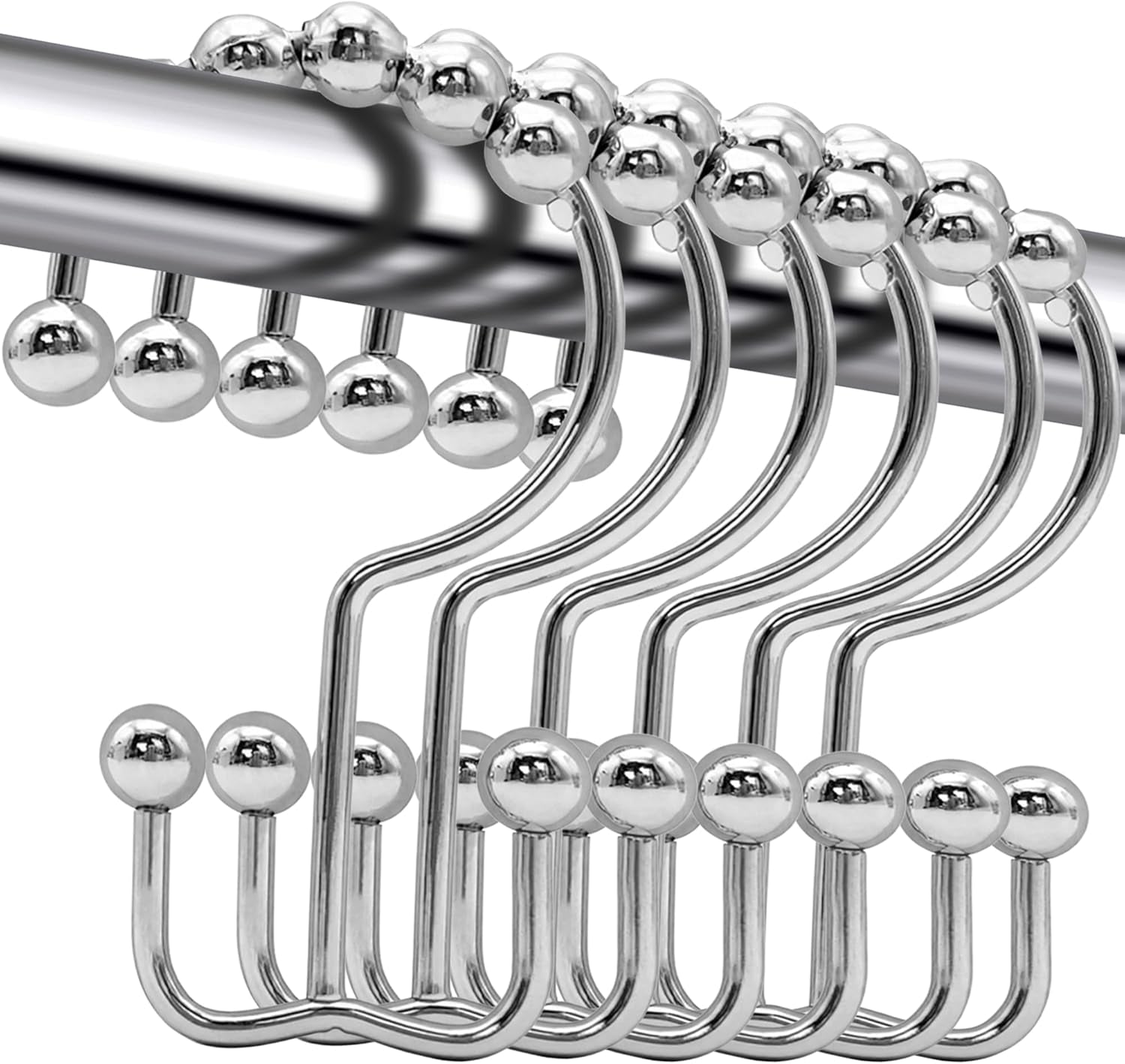 Shower Curtain Hooks,12 Pcs Rustproof Metal Shower Curtain Rings, Free Sliding Double Shower Hooks for Shower Curtain & Liners(Silver)