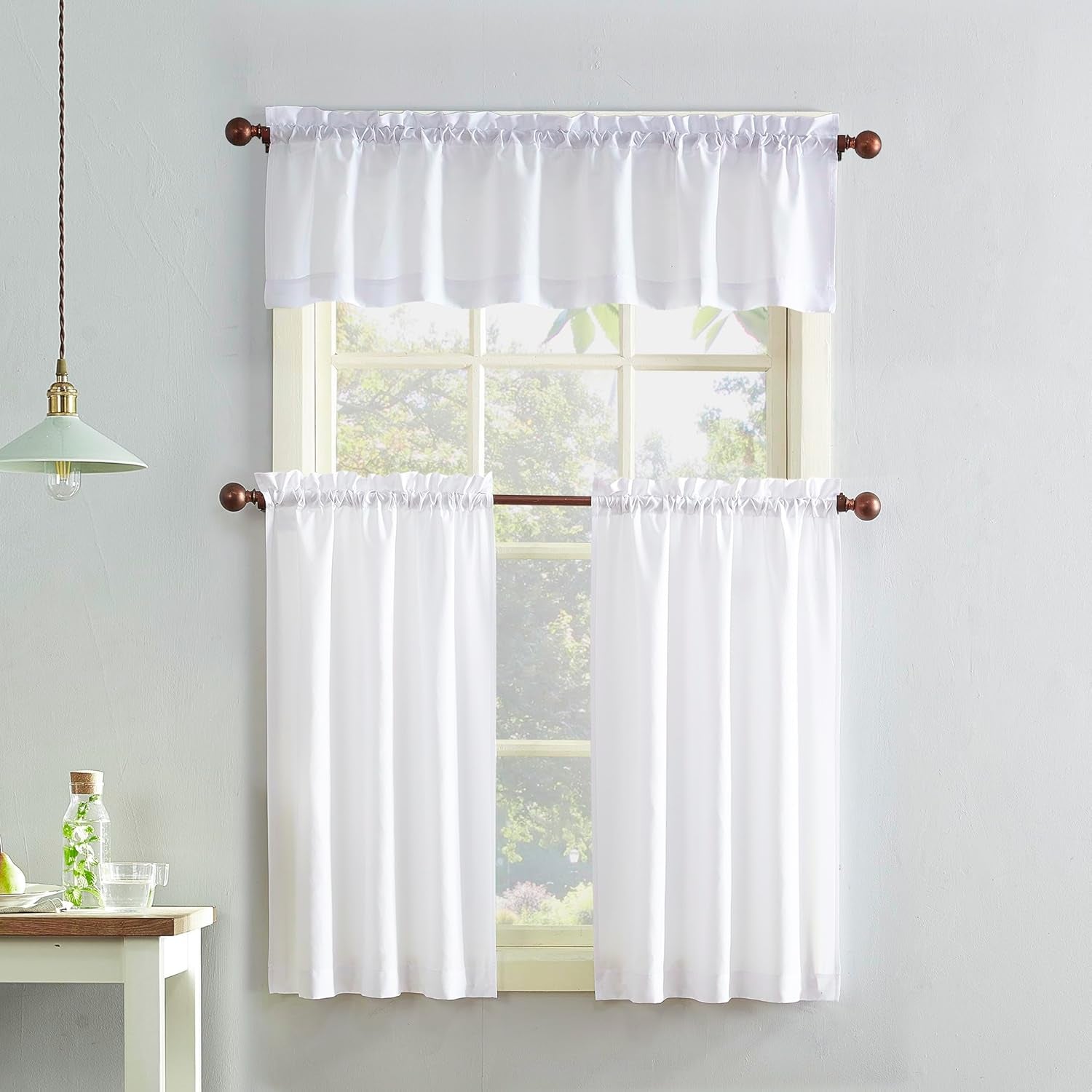 Martine Microfiber Semi-Sheer Rod Pocket Kitchen Curtain Valance and Tiers Set, 54" X 36", White