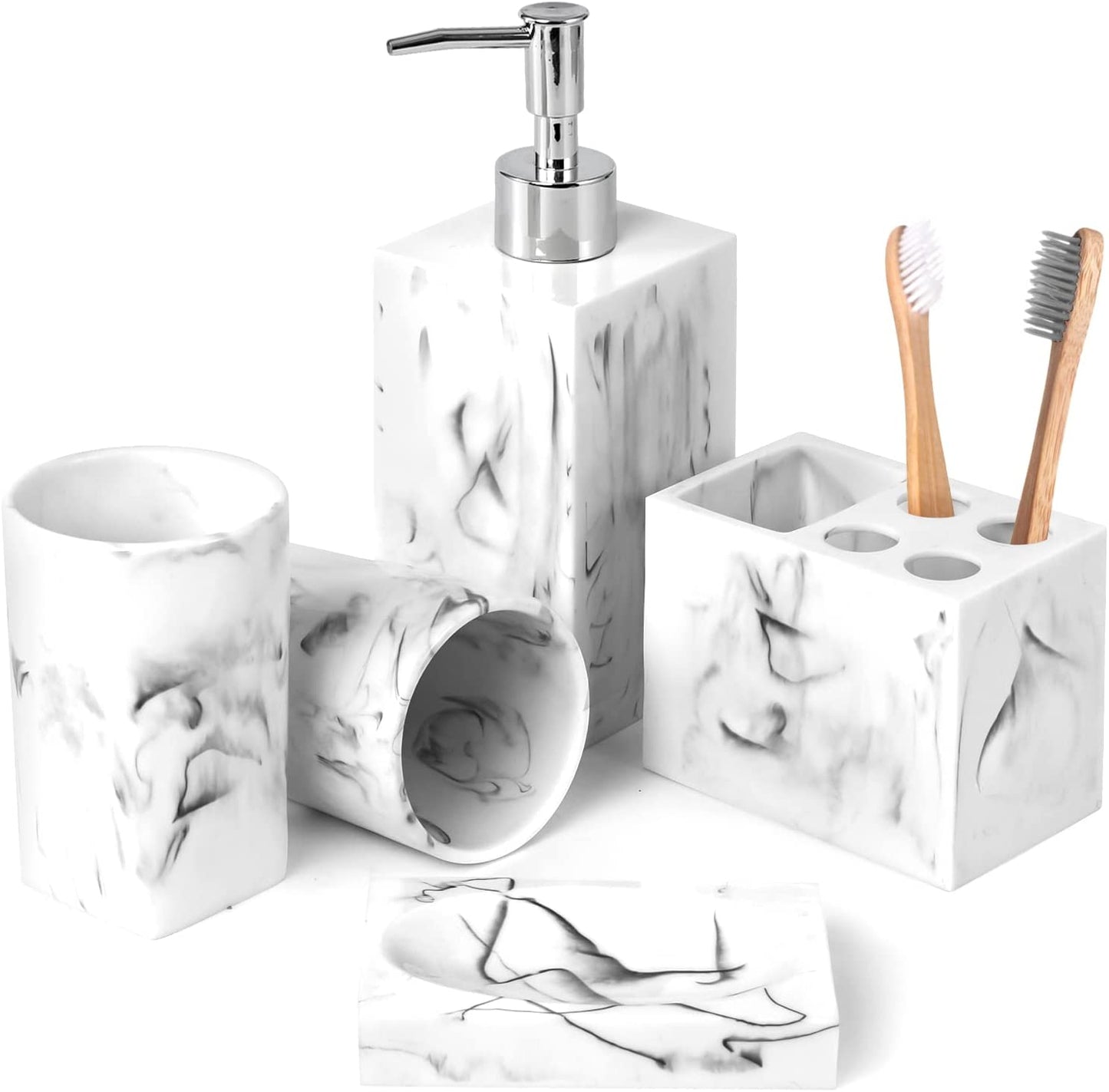 Bathroom Accessories Set, 5 Pcs Marble, Ink White