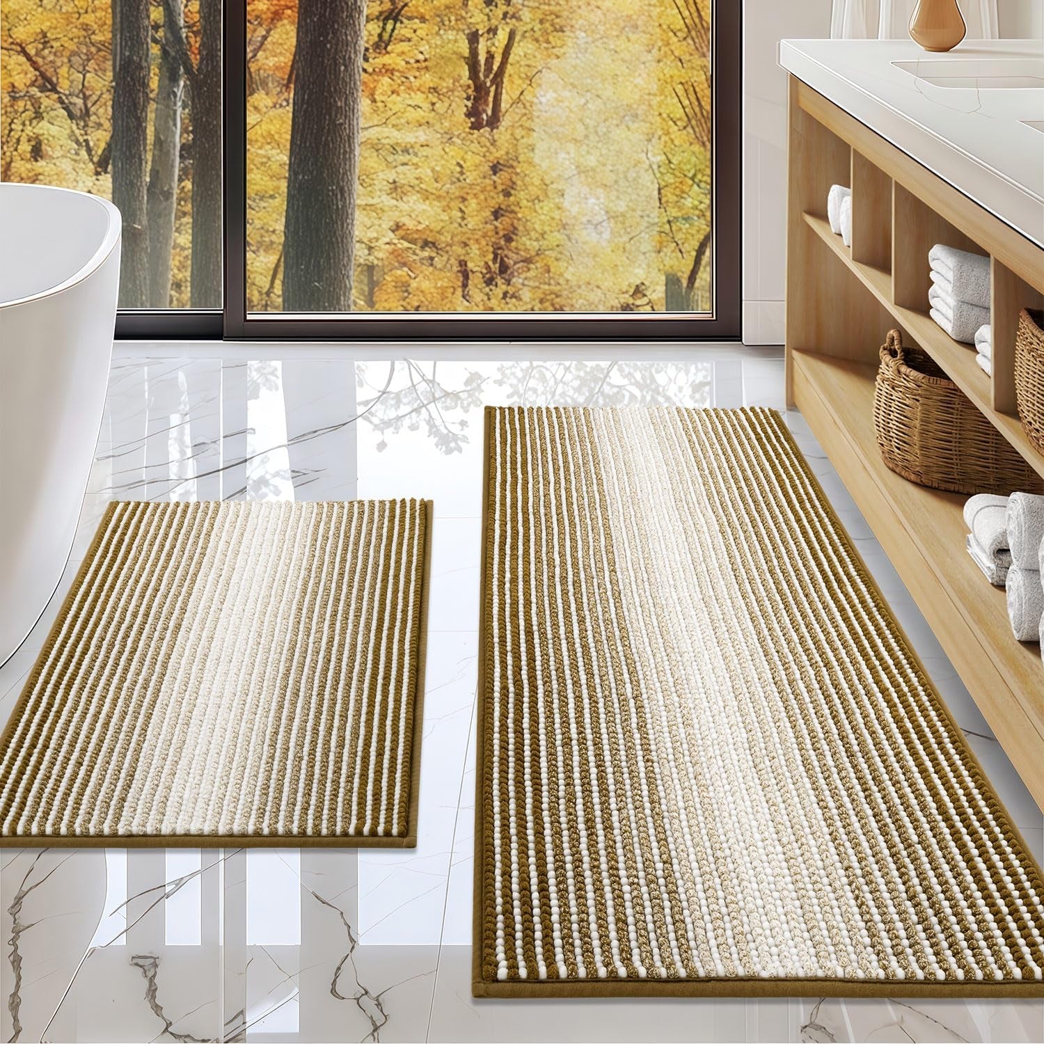Bathroom Rugs and Mats Sets, 2 Piece Thick Absorbent Chenille Non-Slip (Petrified Oak, 20" X 47" plus 16" X 24")