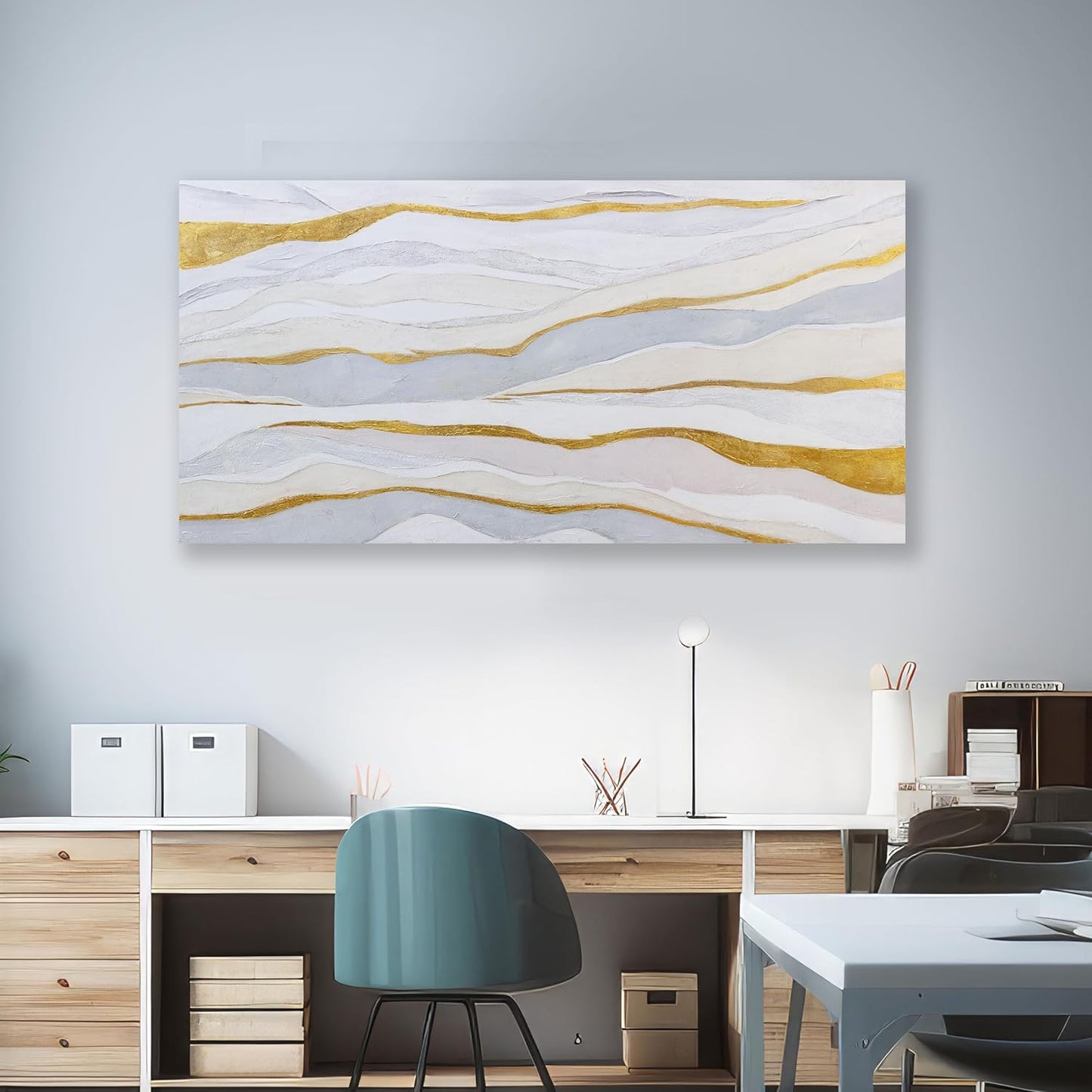 Abstract Wall Art White and Gold Wave Lines Canvas Print Artwork, Home Decor 20X40 Inch