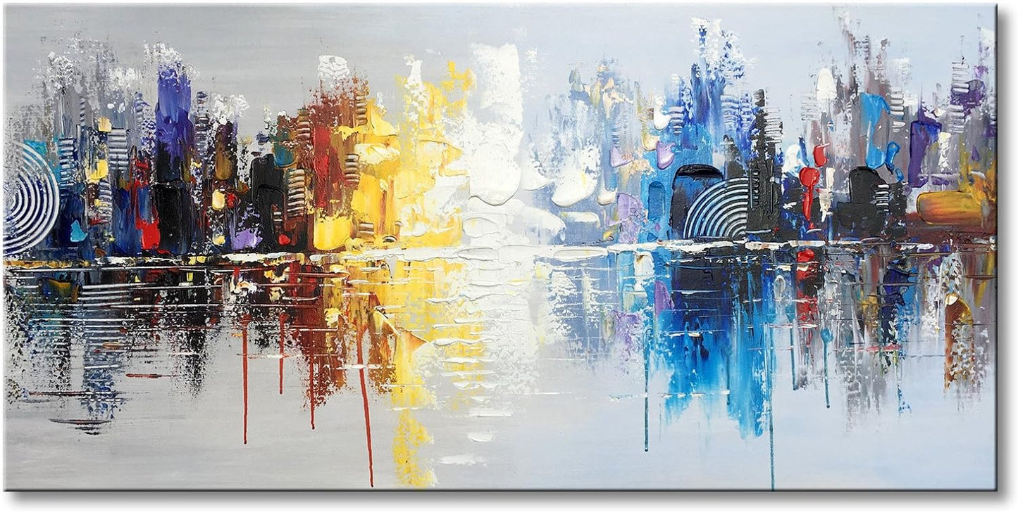 Hand-Painted Textured City Oil Painting on Canvas Reflection Abstract Cityscape Wall Art for Decor