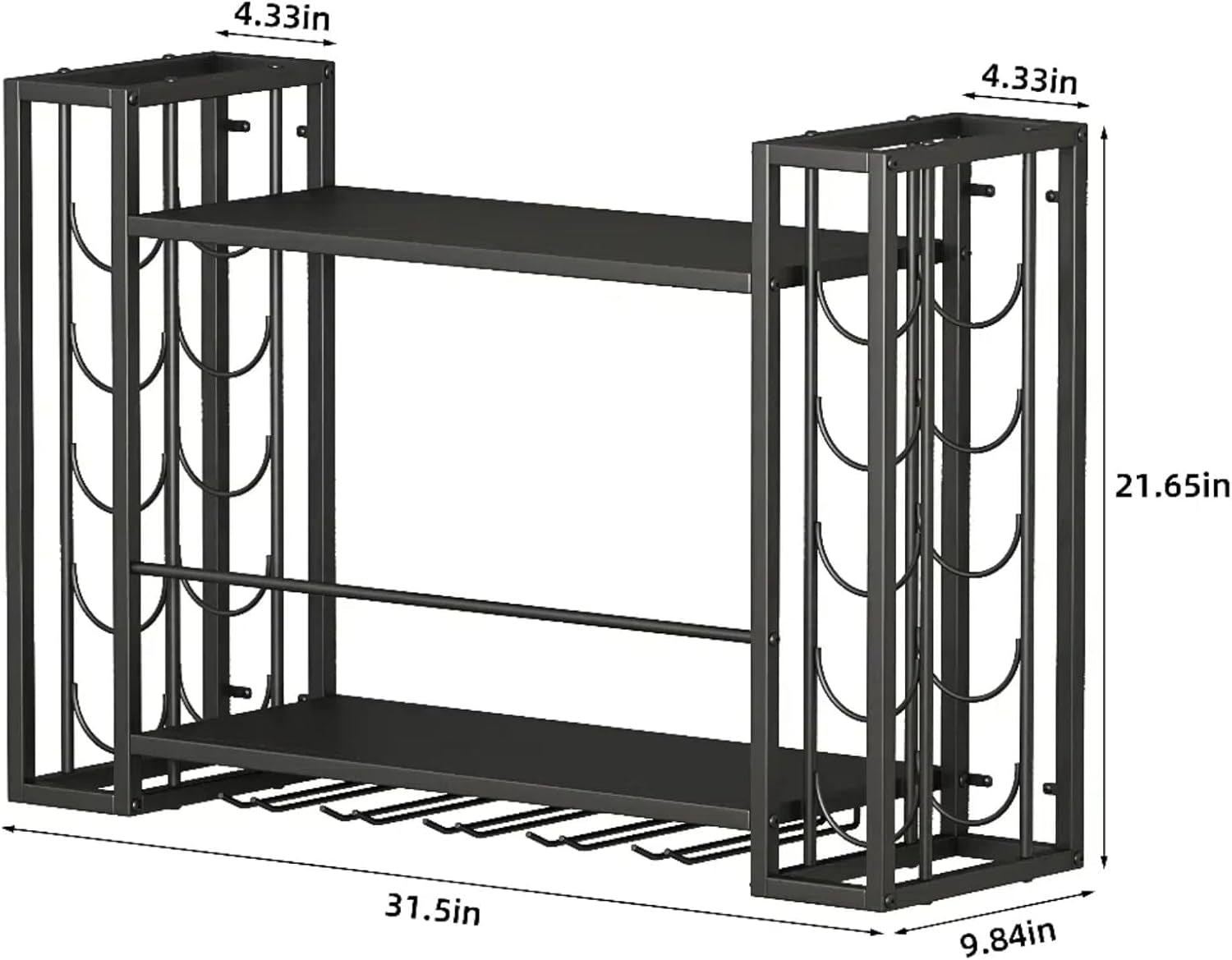 Wall Mounted Wine Rack, with Wine Glass Rack, 2-Tier Multi-Functional Shelf, Black