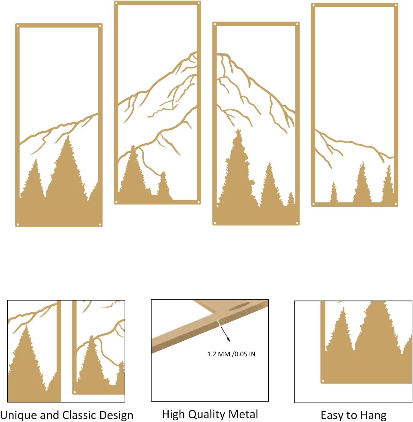 4 Pcs Metal Mountain and Forest Wall Decorations (Gold, Large)